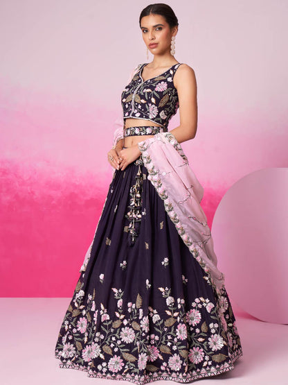 Women Purple Organza Sequins embroidery  Lehenga choli & Dupatta