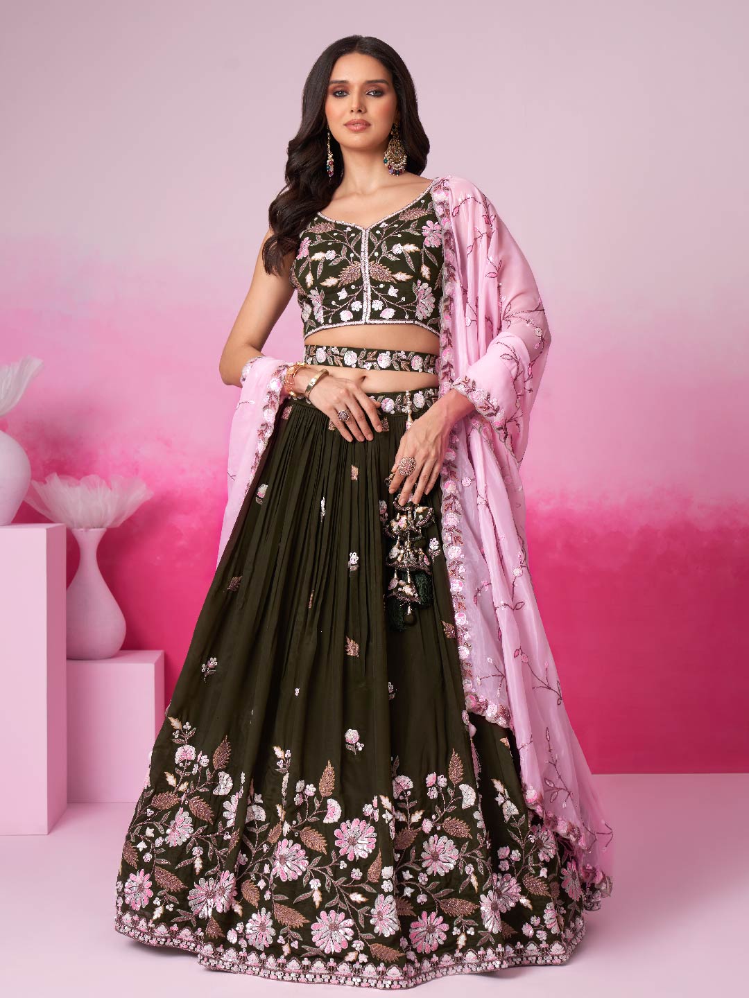 Women Olive Organza Sequins embroidery  Lehenga choli & Dupatta