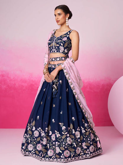 Women Navy blue Organza Sequins embroidery  Lehenga choli & Dupatta