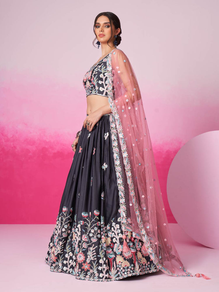 Women Grey Satin Silk Sequin embroidery  Lehenga choli & Dupatta