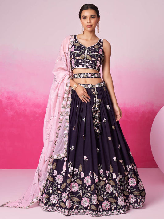 Women Purple Organza Sequins embroidery  Lehenga choli & Dupatta