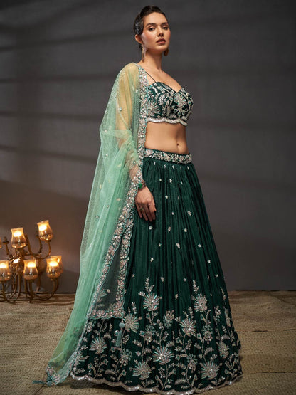 Women Green Pure Chiffon Sequins embroidery  Lehenga choli & Dupatta