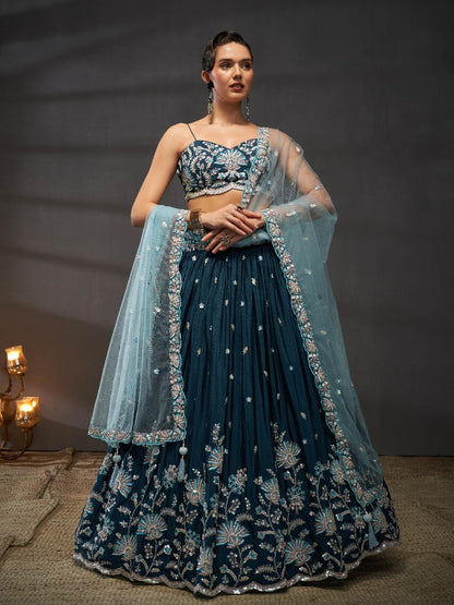 Women Teal Pure Chiffon Sequins embroidery  Lehenga choli & Dupatta