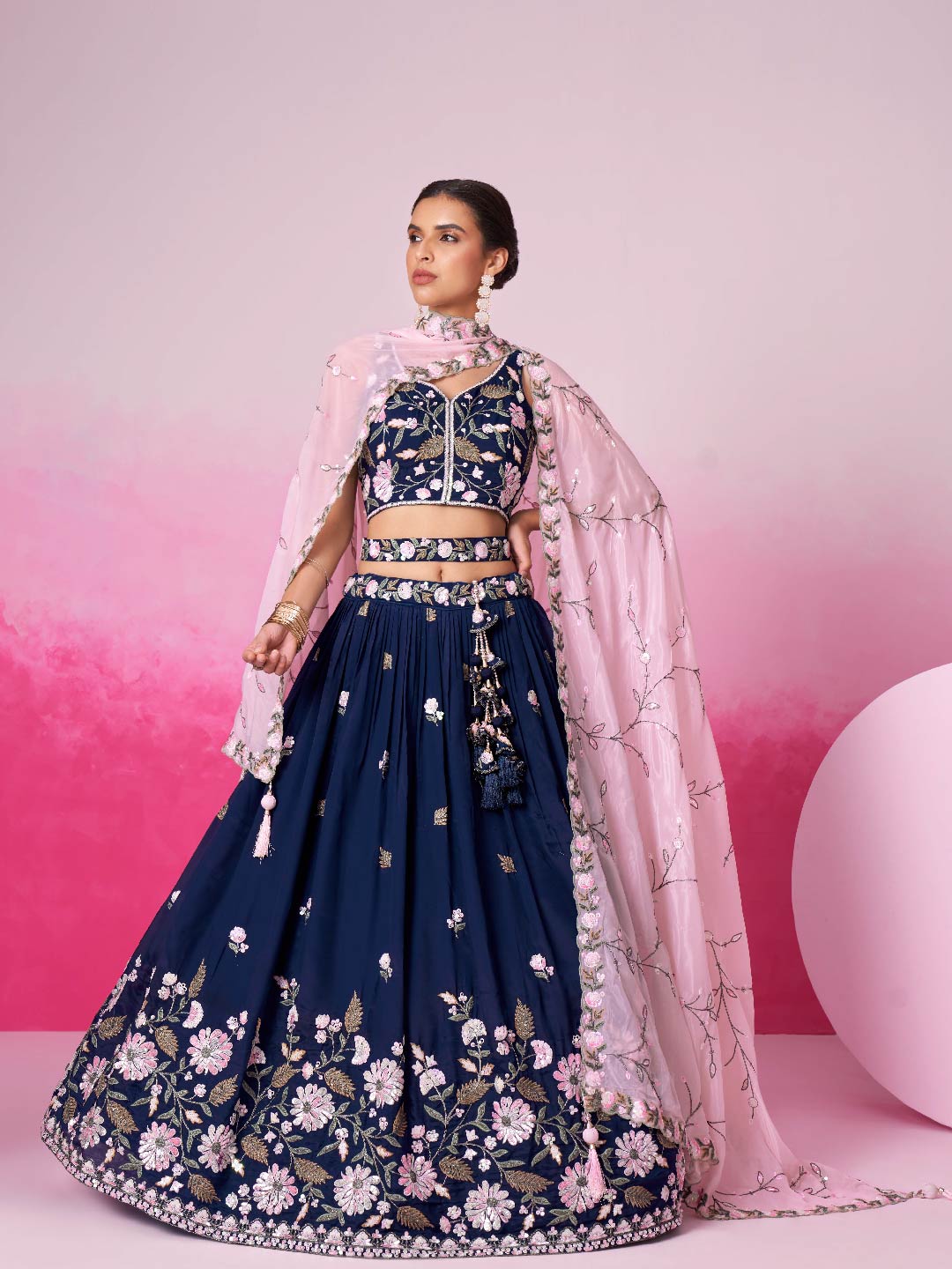 Women Navy blue Organza Sequins embroidery  Lehenga choli & Dupatta