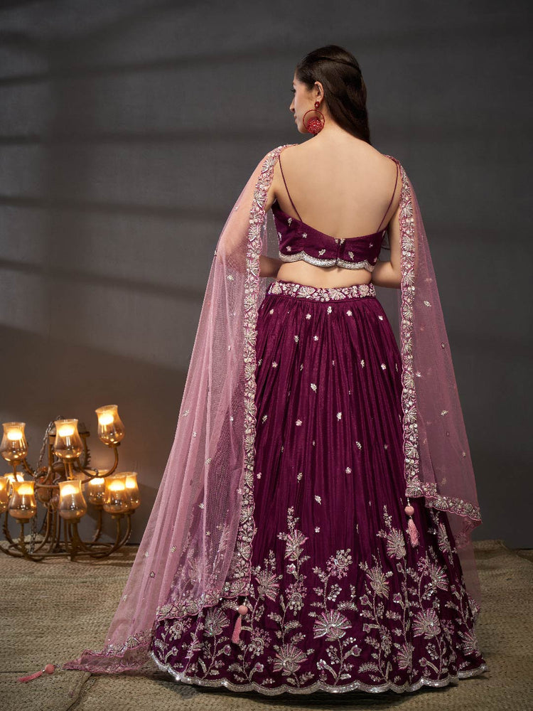 Women Burgundy Pure Chiffon Sequins embroidery  Lehenga choli & Dupatta