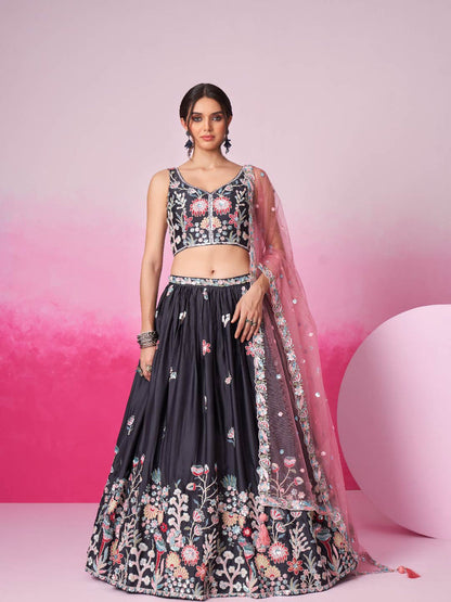 Women Grey Satin Silk Sequin embroidery  Lehenga choli & Dupatta