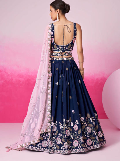 Women Navy blue Organza Sequins embroidery  Lehenga choli & Dupatta