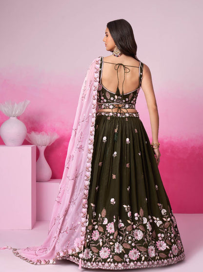 Women Olive Organza Sequins embroidery  Lehenga choli & Dupatta