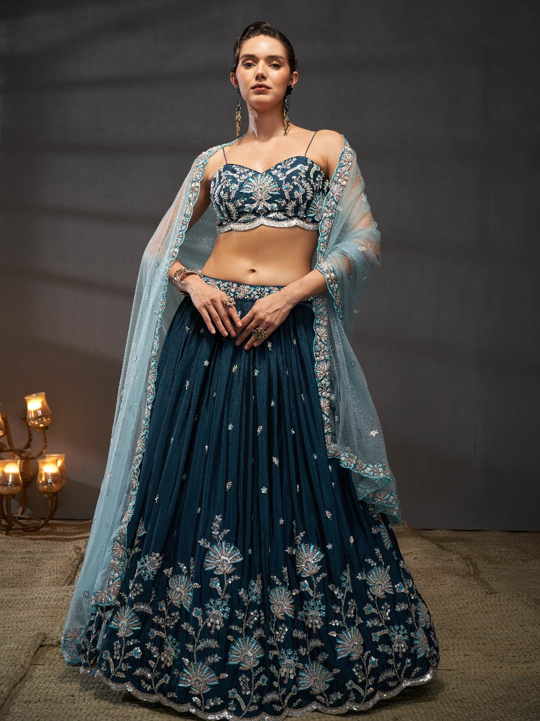 Women Teal Pure Chiffon Sequins embroidery  Lehenga choli & Dupatta