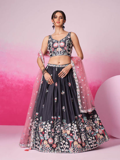 Women Grey Satin Silk Sequin embroidery  Lehenga choli & Dupatta