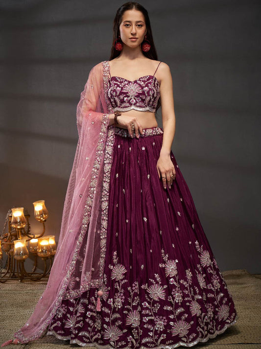 Women Burgundy Pure Chiffon Sequins embroidery  Lehenga choli & Dupatta