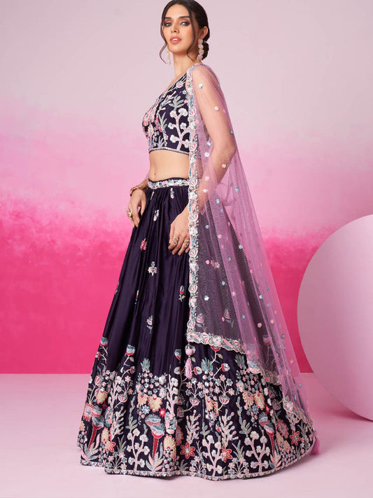 Women Purple Satin Silk Sequin embroidery  Lehenga choli & Dupatta