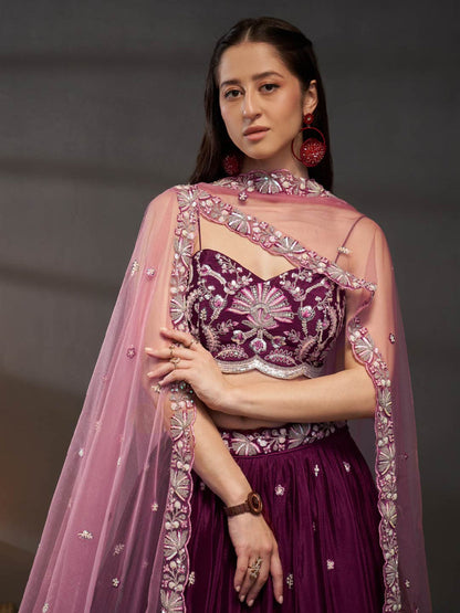 Women Burgundy Pure Chiffon Sequins embroidery  Lehenga choli & Dupatta