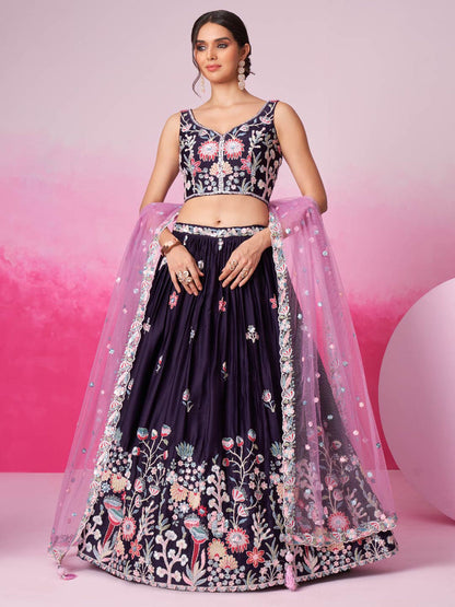 Women Purple Satin Silk Sequin embroidery  Lehenga choli & Dupatta