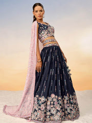 Women Navy Blue Satin Silk Sequins with heavy Sequins embroidery  Lehenga choli & Dupatta