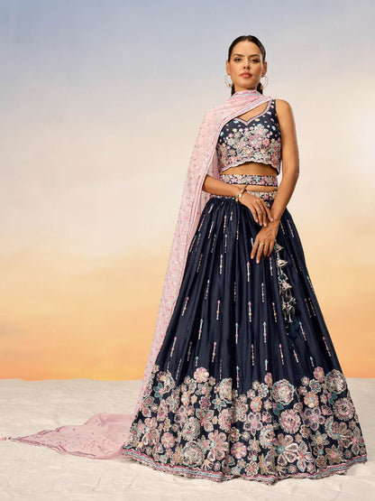 Women Navy Blue Satin Silk Sequins with heavy Sequins embroidery  Lehenga choli & Dupatta