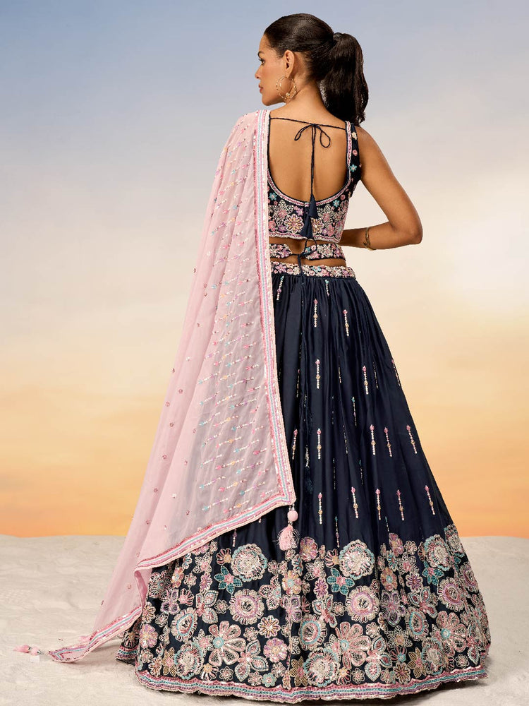 Women Navy Blue Satin Silk Sequins with heavy Sequins embroidery  Lehenga choli & Dupatta