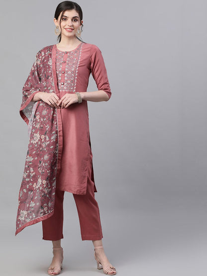 Dhiyona IS Women's Women Mauve & White Yoke Design Kurta with Trousers & Dupatta