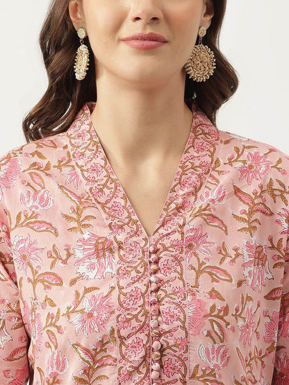 Dhiyona KL Floral Printed V-Neck Pure Cotton Straight Kurta & Trouser With Dupatta