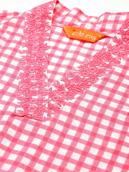 Checked Thread Work Pure Cotton Kurta with Trousers