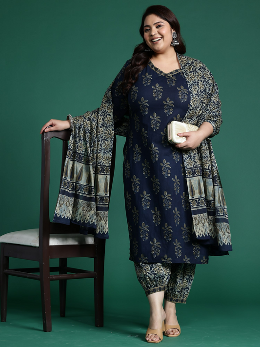 Women's Plus Size Blue Printed Straight Kurta Salwar With Dupatta Set