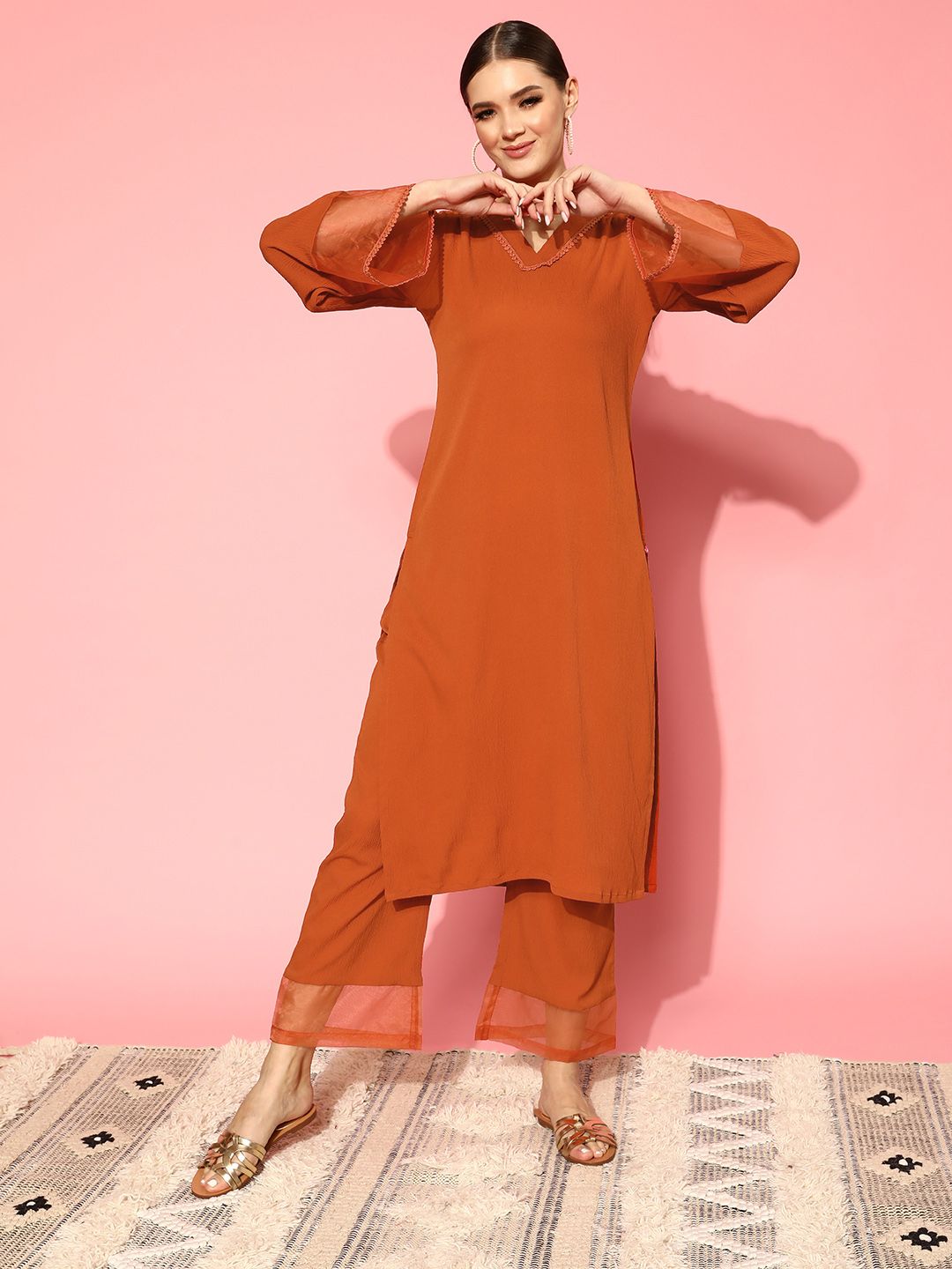 Rust Rust Flared Sleeve Organza detailed V Neck Textured Kurta with Palazzo