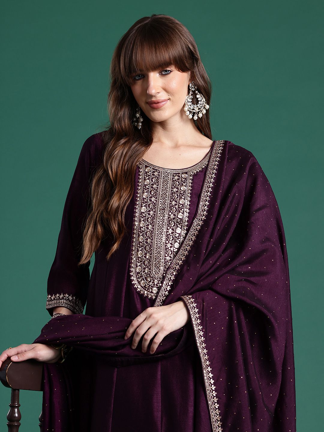 Dhiyona IE Ethnic Motifs Embroidered Sequinned Kurta With Trousers & Dupatta