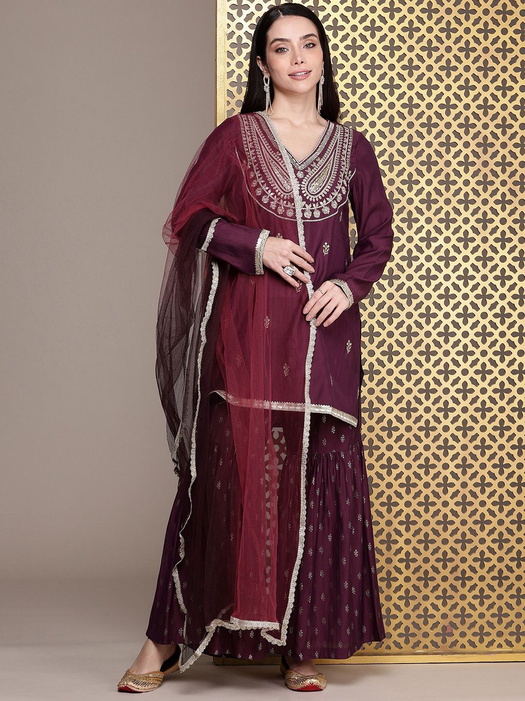 Dhiyona HOP Jashn Yoke Design Sequinned Zari Work Kurti With Sharara & Dupatta