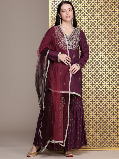 Dhiyona HOP Jashn Yoke Design Sequinned Zari Work Kurti With Sharara & Dupatta
