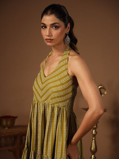 Dhiyona AY Women's Ethnic Motifs Printed Smocked Fit & Flare Midi Dress