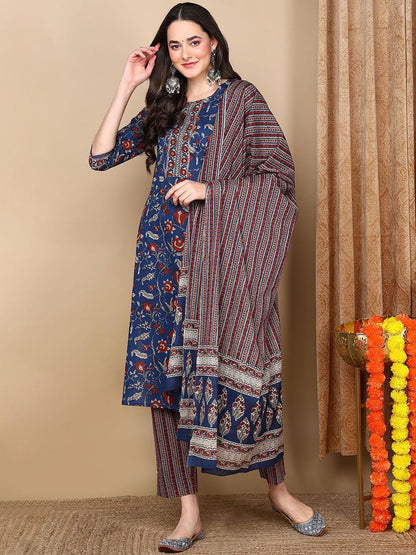 Dhiyona KL Floral Printed Straight Kurta with Trousers & Dupatta