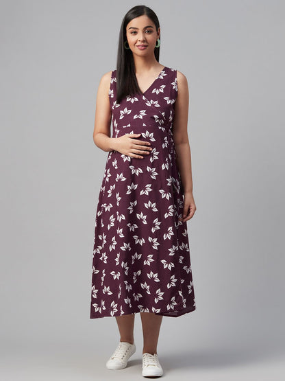 Dhiyona AY Women's Aubergine & White Tropical Print Maternity Wrap Dress