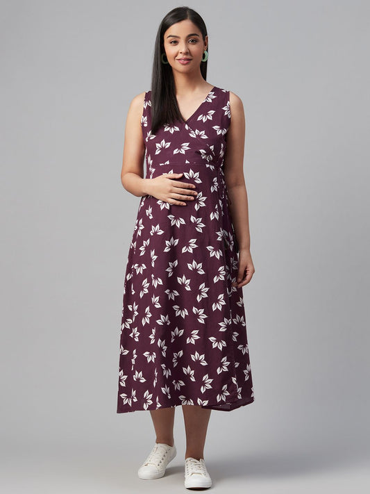 Dhiyona AY Women's Aubergine & White Tropical Print Maternity Wrap Dress