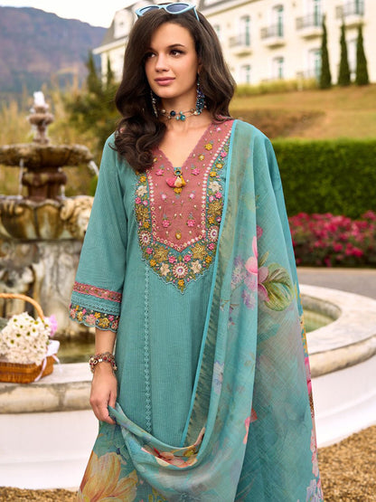 Women Floral Embroidered Regular Pure Cotton Kurta with Trousers & Dupatta