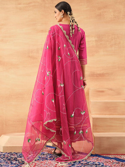 Dhiyona IS Women's Floral Printed Gotta Patti High Slit Pure Cotton Kurta With Trousers & Dupatta