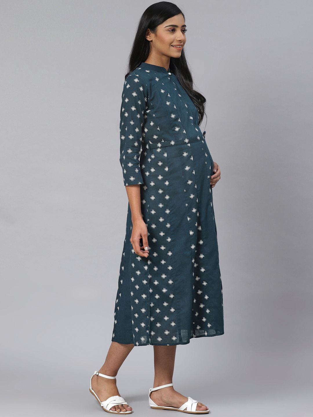 Dhiyona AY Women's Navy Blue & White Printed Pure Cotton Maternity A-Line Dress