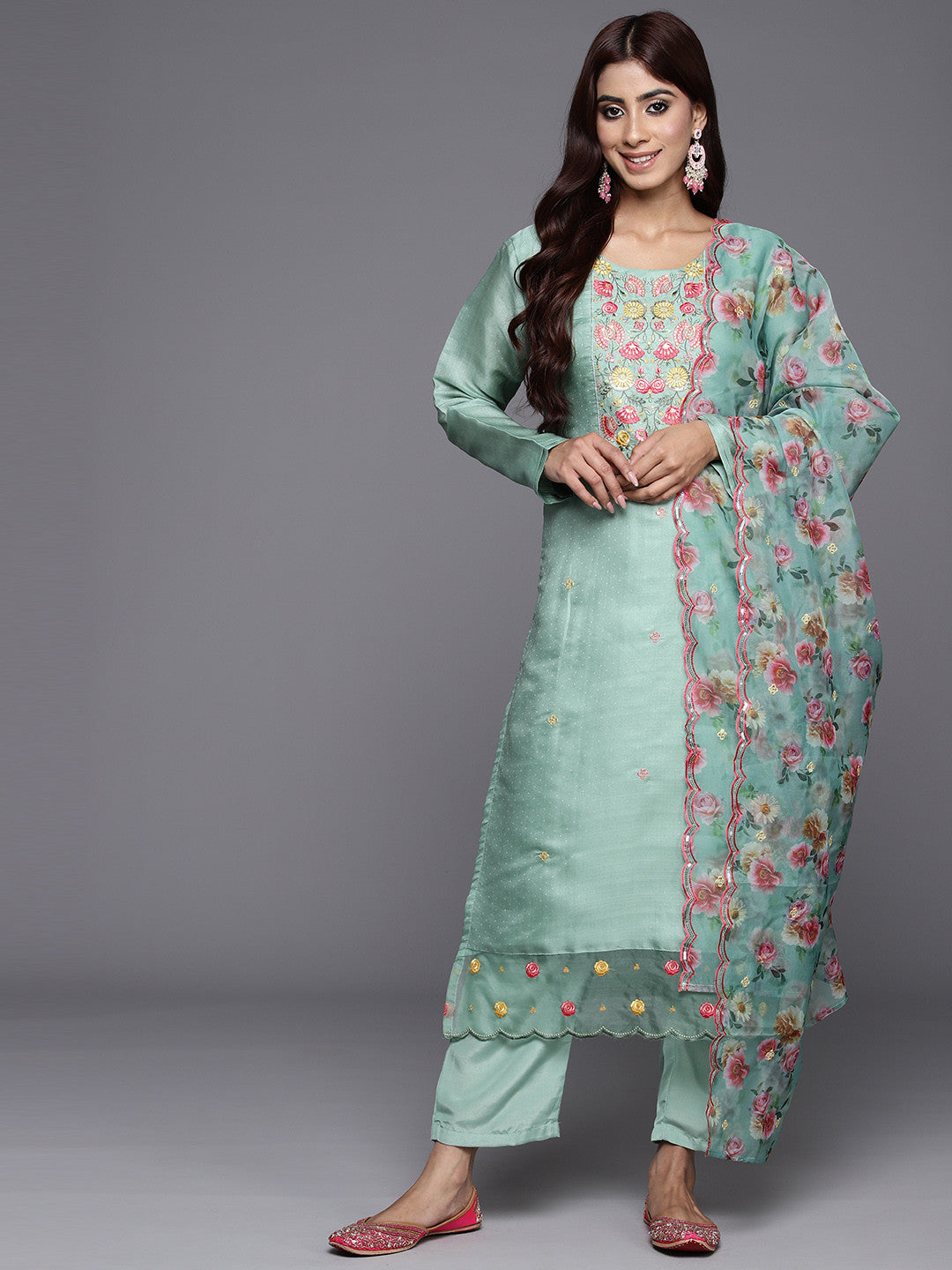 Floral Yoke Design Regular Thread Work Kurta with Trousers & Dupatta