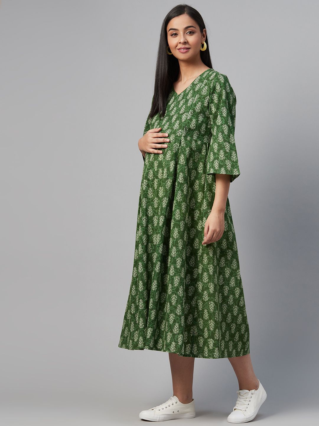 Dhiyona AY Women's Green & Off-White Printed Maternity A-Line Dress