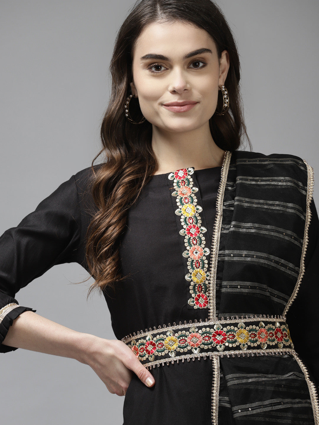 Women Black Liva Sequin Detail Kurta with Trousers & Dupatta