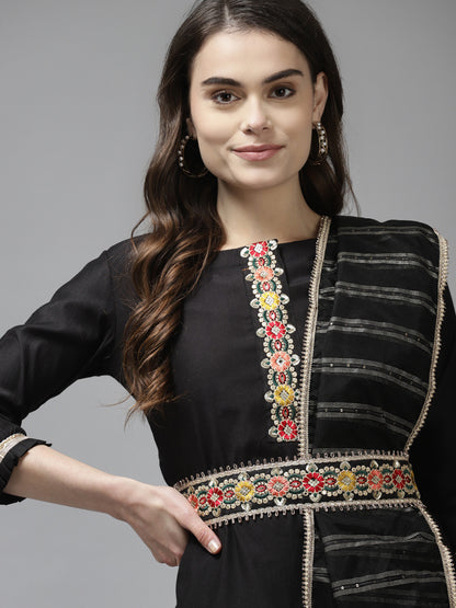 Women Black Liva Sequin Detail Kurta with Trousers & Dupatta