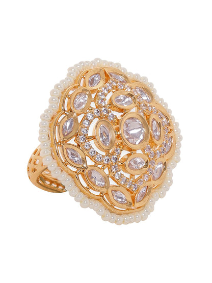 Dhiyona RJ Women's Gold-Plated CZ-Studded & Pearl Beaded Adjustable Finger Ring