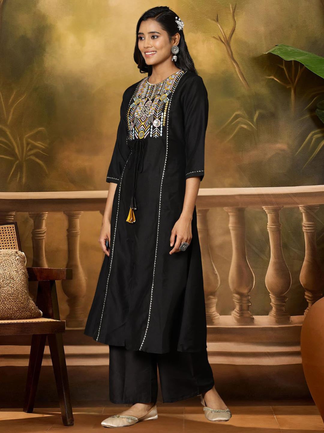 Women Black Cotton Silk Yoke Embroidery A-line Kurta Palazzo With Dupatta Set