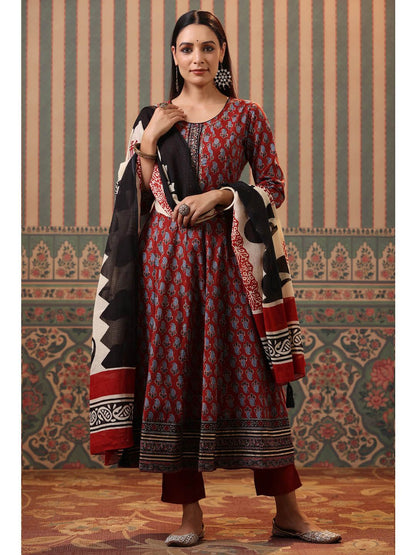 Dhiyona RR Women's Maroon Ethnic Motifs Printed Aari Work Pure Cotton Kurta with Trousers & With Dupatta