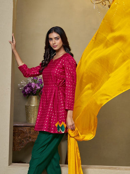 Dhiyona SN Women's Cotton Silk Zari Embroidered Kurti Dhoti and Dupatta Set