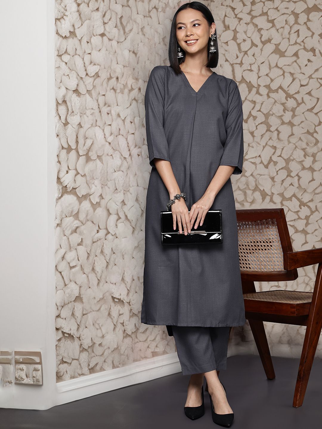 Grey Women Solid V neck Pleated Regular Kurta with Trousers