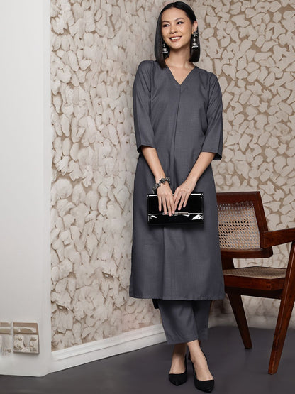 Grey Women Solid V neck Pleated Regular Kurta with Trousers