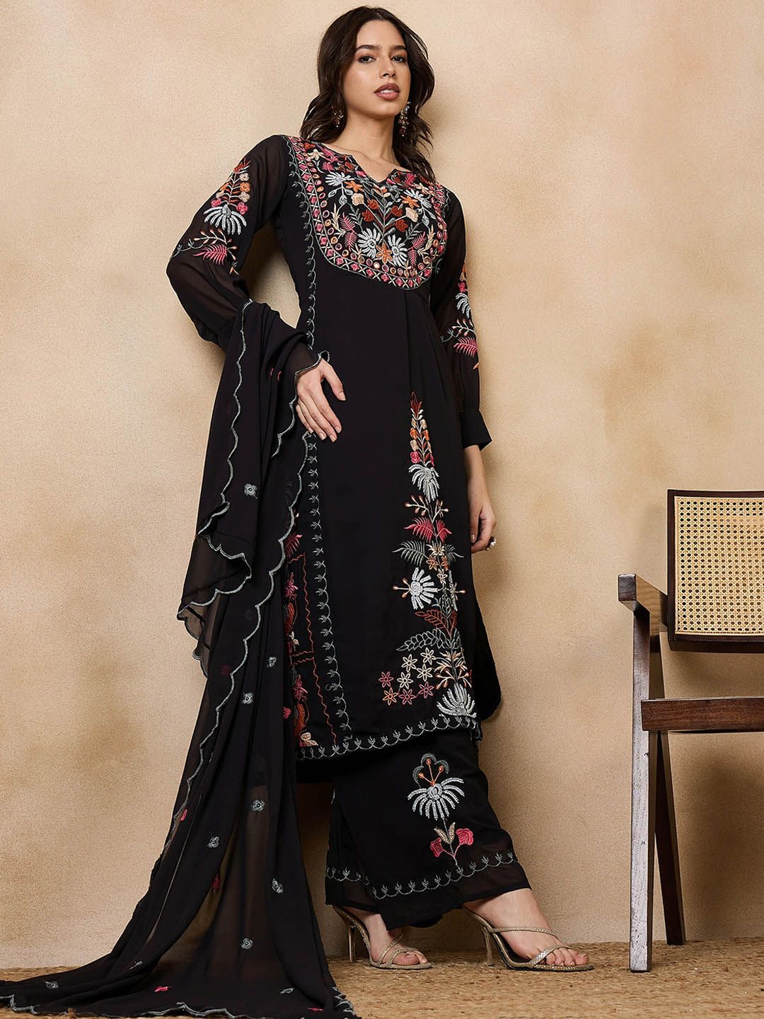 Dhiyona KL Floral Embroidered Georgette A-Line Kurta with Palazzos & Dupatta