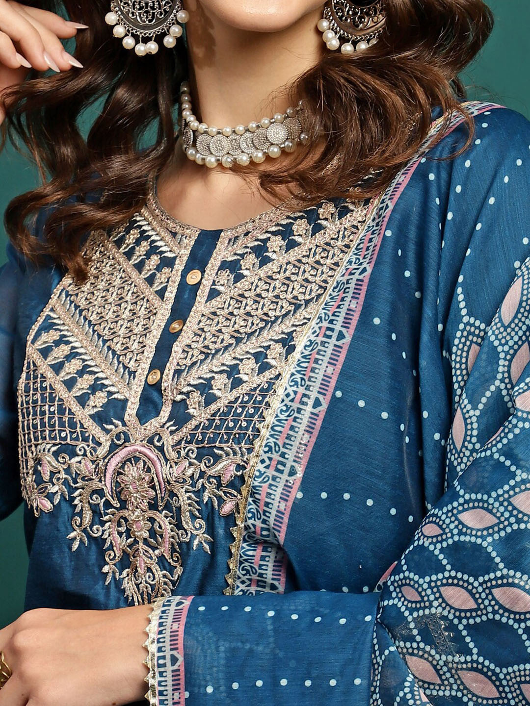 Embroidered Round Neck Straight Kurta With Trousers & Dupatta