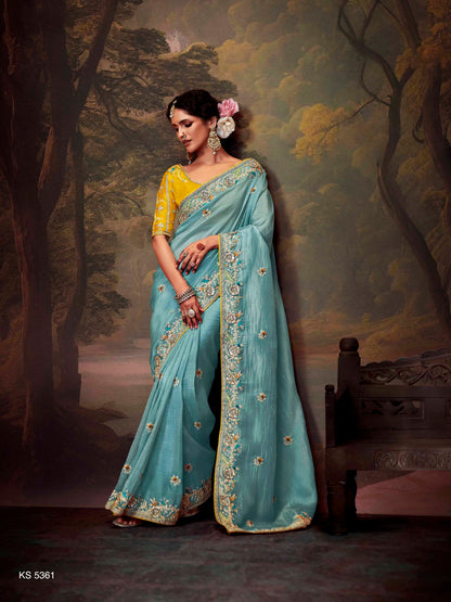 Dhiyona KM Women Ice Blue Designer Organza Silk Saree