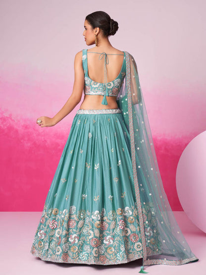 Women Turquois Blue Pure Georgette Sequins embroidery Lehenga choli & Dupatta